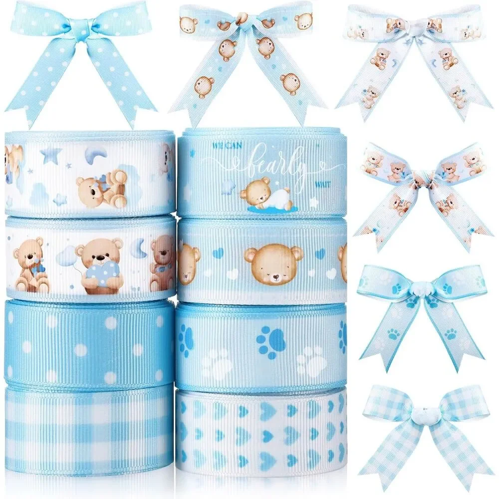 8 Roll Baby Elephant Grosgrain Ribbon 7/8 Inch Blue Baby Shower Footprint 40 Yd
